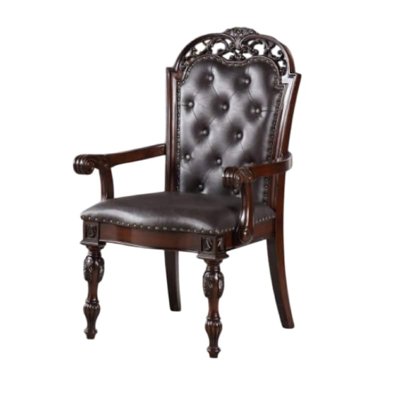 Eva Carved Dining Armchair Set of 2, Brown Tufted Faux Leather, Cherry