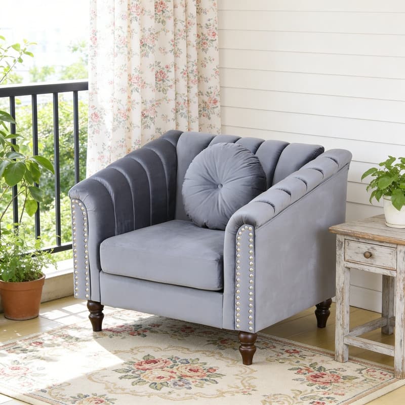 Modern Upholstered Single Sofa with Ergonomic Back & Solid Wood Legs