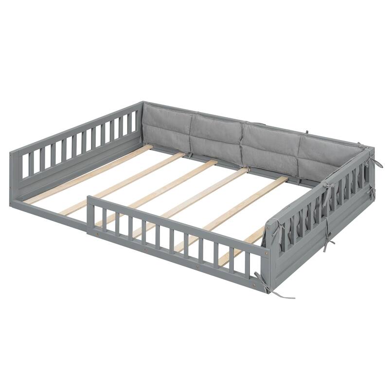 Roomfitters Wood Full Size Upholstered Platform Bed with Guardrail, Supportive Pillow and Cozy Modern Design