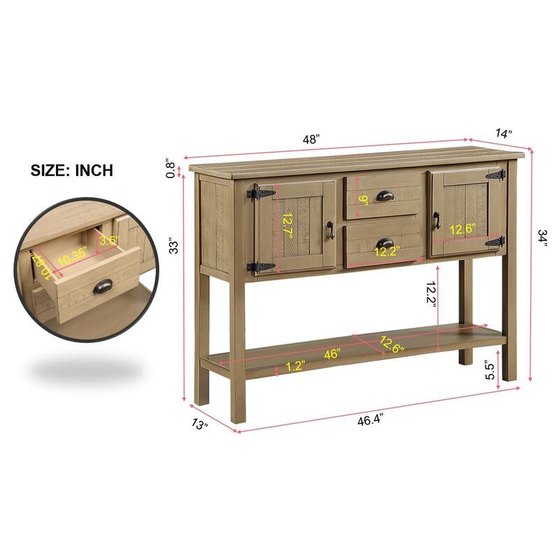 Solid Wood Sideboard Console Table with Drawers Cabinets and Bottom Shelf