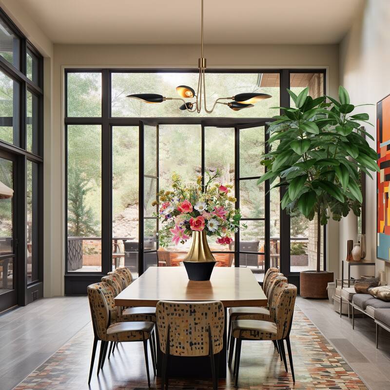 Mid-Century Modern 5-Light Black Gold Chandelier Wheel Pendant Lights with Metal Shades - 40" D x 16.1" H