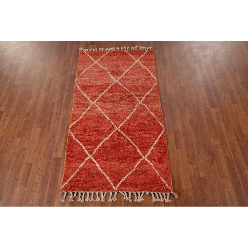 Orange Plush Trellis Moroccan Accent Rug Hand-Knotted Wool Carpet - 3'1" x 5'7"