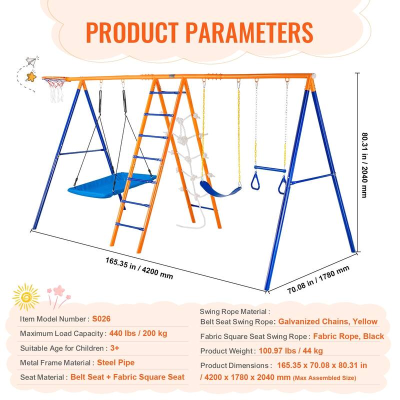 Swing Sets for Backyard 6 in 1 Swing Set 440lbs Capacity Metal Swingset