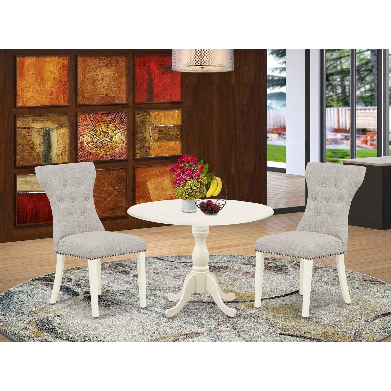 3-Piece Linen White Finish Solid Wood Top - Button Tufted Dining Room Set - Seats 4