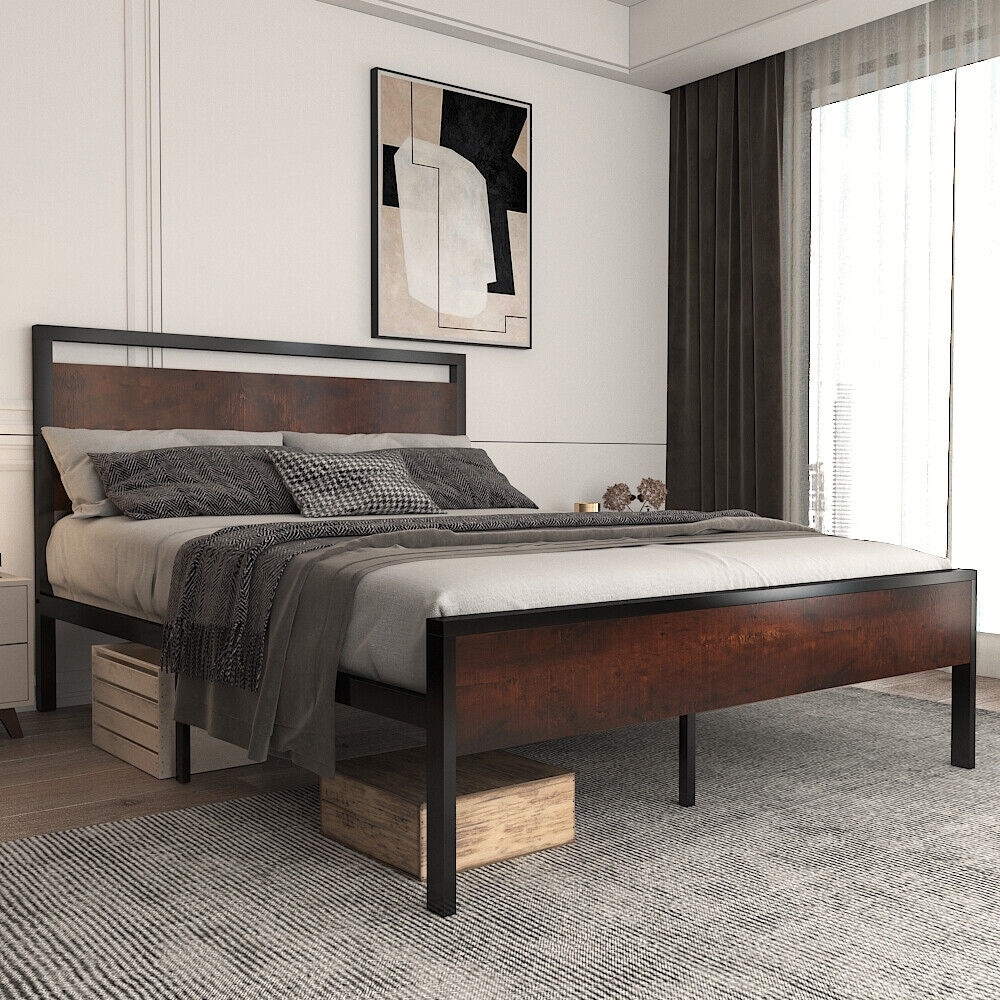Queen Size Platform Bed Frame W Wood Headboard Footboard