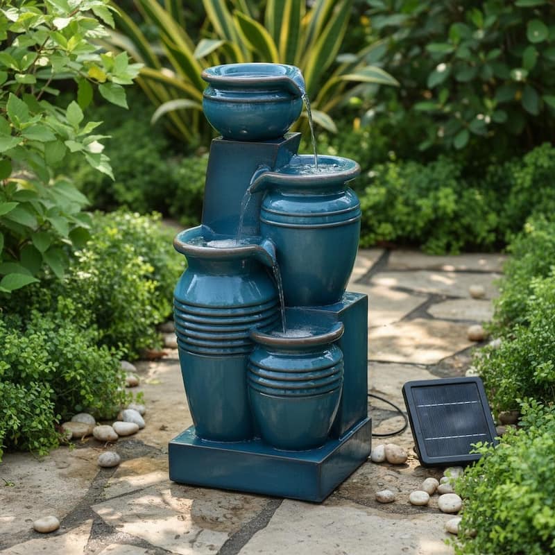 Teamson Home 28.74" 4-Tier Outdoor Fountain with LED Lights, Solar Powered, Weather-Resistant Faux Stone for Garden & Patio