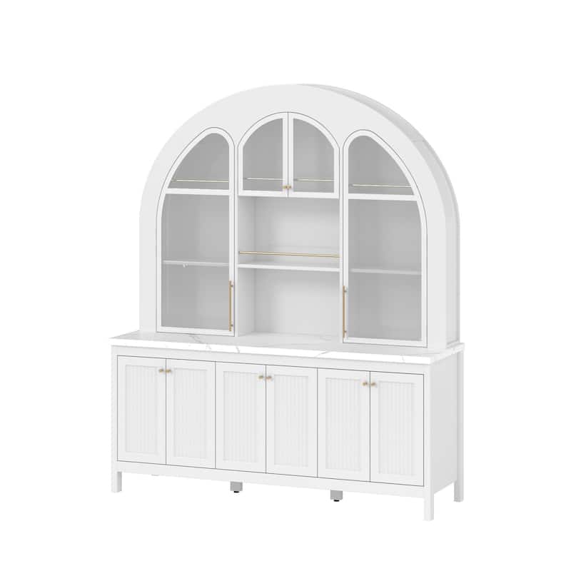 63" Arched Display Cabinet with LED Lights, Modern Buffet Sideboard with Glass Doors, Large Storage Credenza Bookshelves
