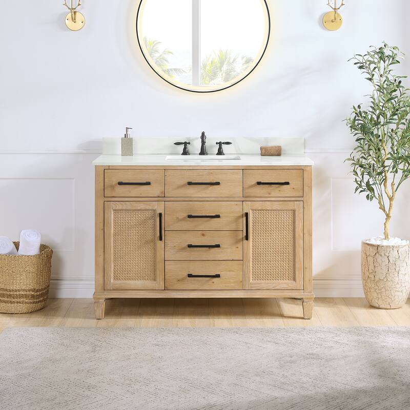 Altair Solana Bath Vanity with Calacatta White Quartz Stone Countertop without Mirror - 48 inch - Weathered Fir