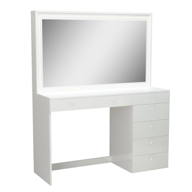 Boahaus Vanity Desk, Crystal Knobs, LED Lights, 7 Drawers
