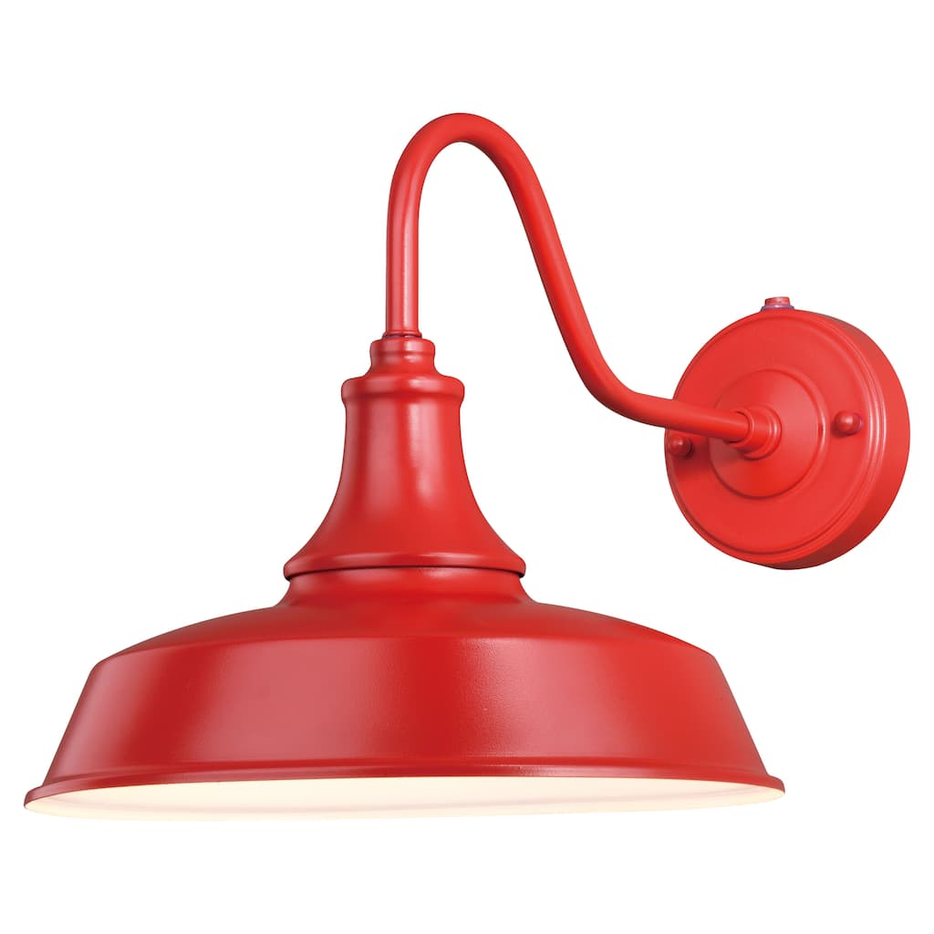 VAXCEL Dorado 1-Light Red and White Dusk to Dawn Sensor Farmhouse Outdoor Wall Sconce, Gooseneck Steel Shade, Dark Sky Compliant