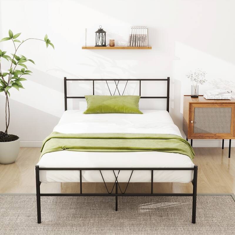 Twin Size Metal Platform Bed Frame with Headboard Footboard, Heavy Duty Steel Slat Support, Easy Assembly Mattress Foundation - Twin