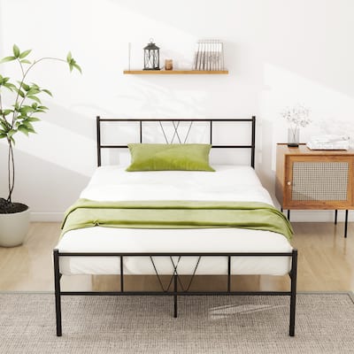 Twin Size Metal Platform Bed Frame with Headboard Footboard, Heavy Duty Steel Slat Support, Easy Assembly Mattress Foundation