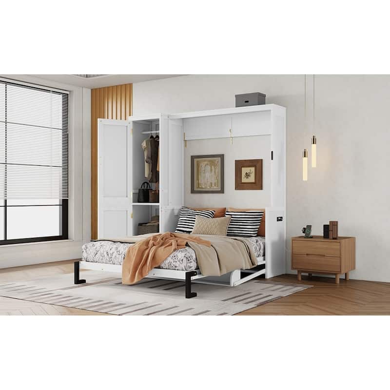 Roomfitters Queen Size Murphy Bed with Wardrobe and Desk, Space Saving Wall Bed with Gas Struts and Charging Station, White