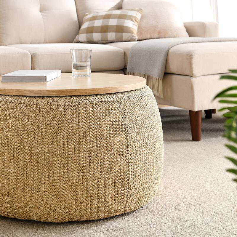 Anmytek Round Storage Ottoman Table Woven Fabric Wood Top Multi Functional Small Space