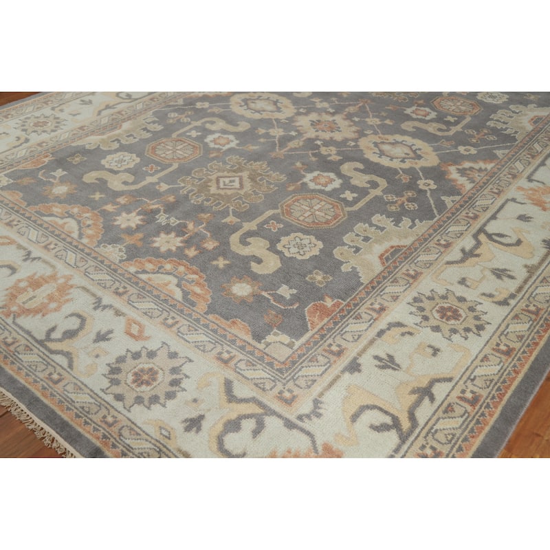 Gray Oushak Area Rug Hand-Knotted Transitional Floral Wool Carpet - 8'9" x 11'8"