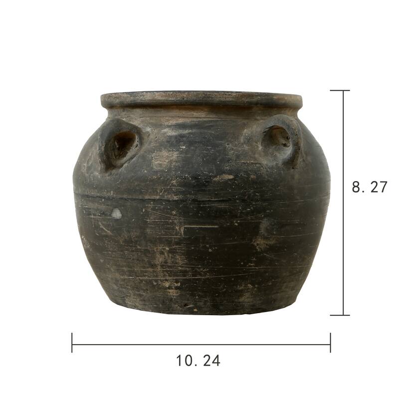 Artissance 10.2"W Small Gray Pottery Indoor Outdoor Vintage Water Jar w/4 Handles, Home and Garden Decor (Color & Size Vary)