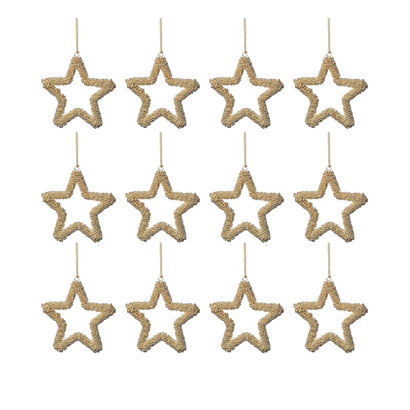 Golden Pearl Star Christmas Hanging Ornaments, Set of 12, 5"