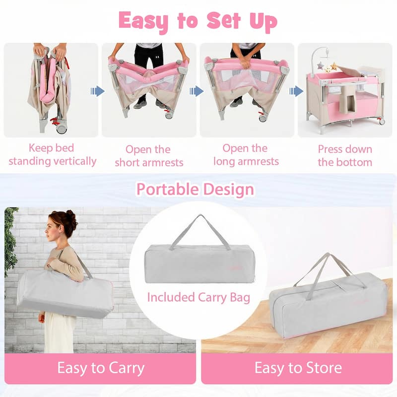 Gymax 5 in 1 Pack & Play w/Diaper Changer Cozy Mattress Lockable