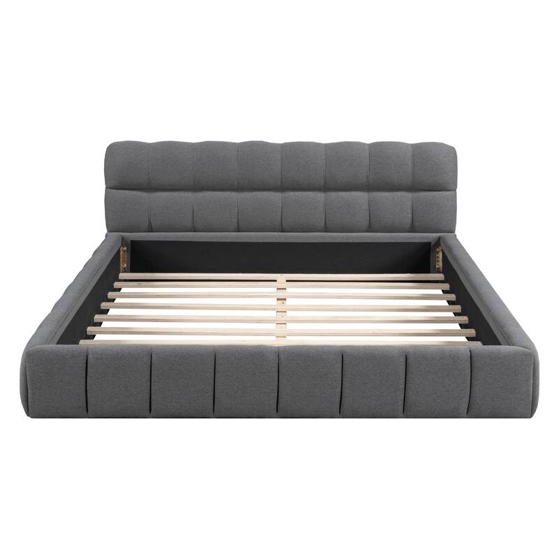 Grounded Bed Upholstered Platform Bed with Headboard and Support Slats Linen Fabric