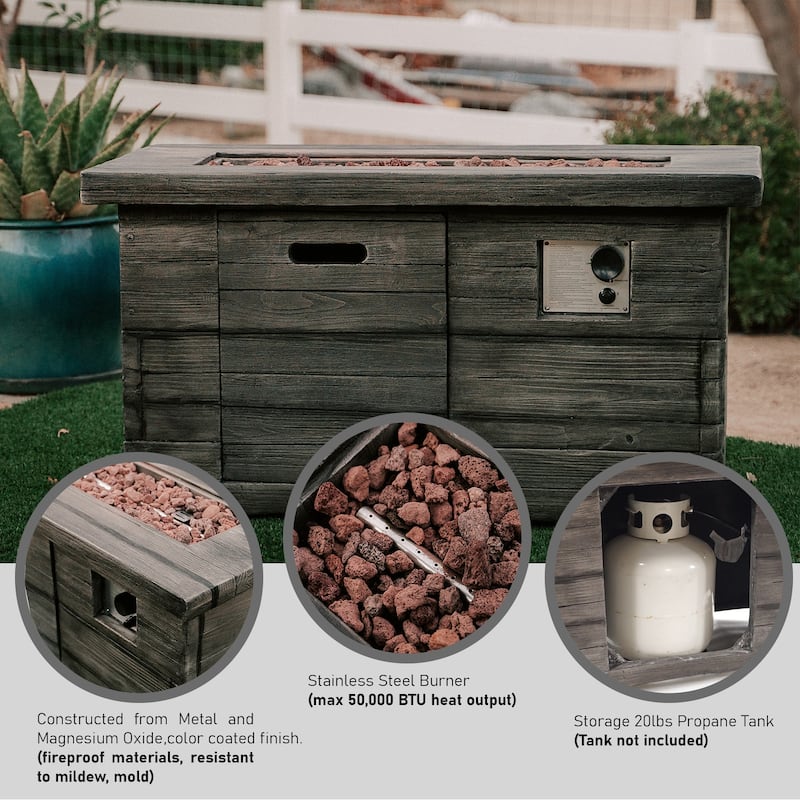 XBrand 42.1"L Rectangular Black MgO/Metal Outdoor Propane Gas Smokeless Fire Pit Table with Volcanic Rocks & Rain Cover