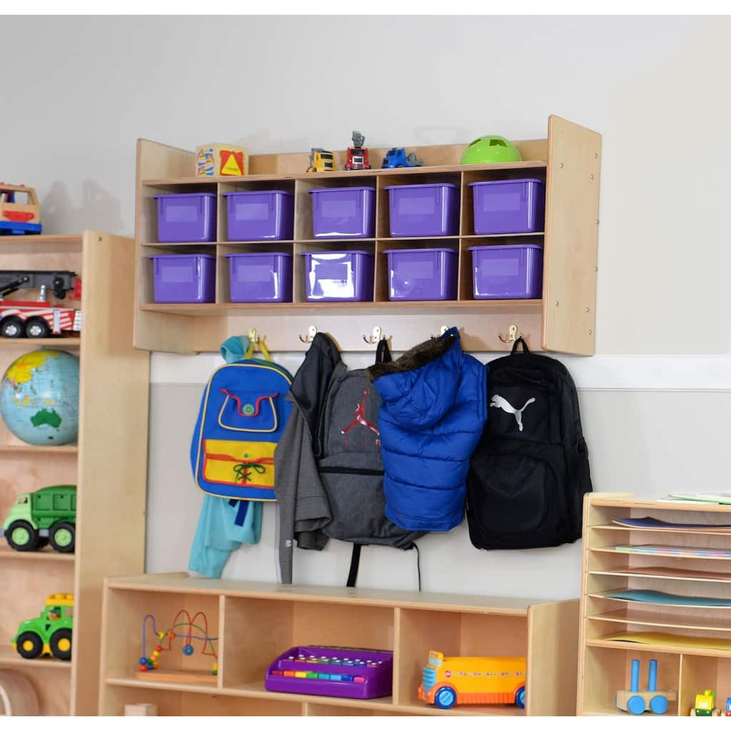 Contender 10 Section Cube Wall Mounted Shelf with Purple Storage Containers for Organizing Toys, Games, School