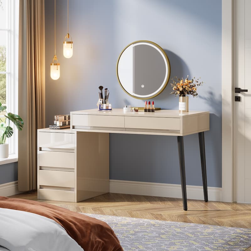 Reversible Vanity Desk with 5 Drawers, Glossy White Dressing Table