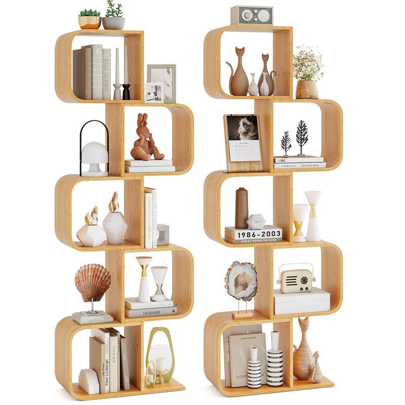 Gymax 2PCS 5-Tier S-Shaped Bookcase w/ 5 Open Cubes Geometric Corner - Natural