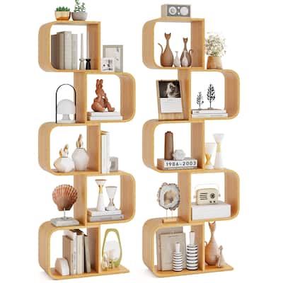 Gymax 2PCS 5-Tier S-Shaped Bookcase w/ 5 Open Cubes Geometric Corner