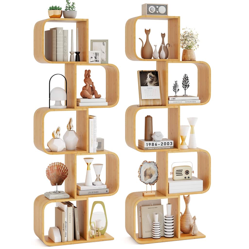 Gymax 2PCS 5-Tier S-Shaped Bookcase w/ 5 Open Cubes Geometric Corner