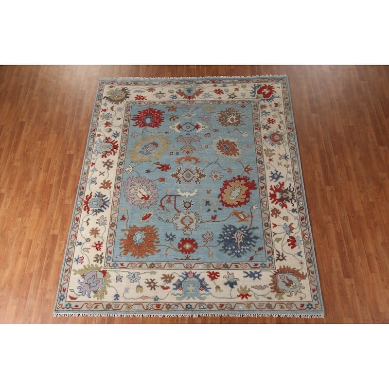 Light Blue Floral Oushak Area Rug Hand-Knotted Wool Carpet - 8'0"x 9'8"