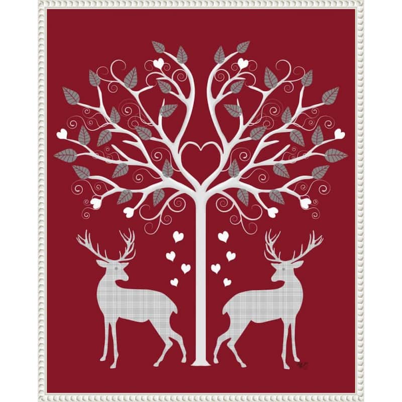 Christmas Des Deer and Heart Tree Grey on Red by Fab Funky (23 x 28 in.), Framed Canvas Wall Art Print - Sylvie Beaded White