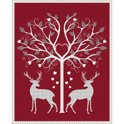 Christmas Des Deer and Heart Tree Grey on Red by Fab Funky (23 x 28 in.), Framed Canvas Wall Art Print - Sylvie Beaded White