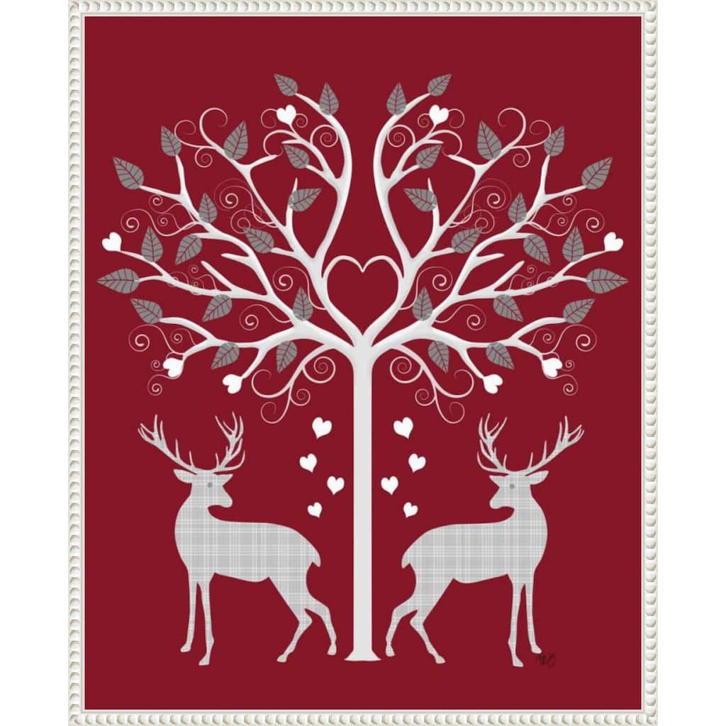 Christmas Des Deer and Heart Tree Grey on Red by Fab Funky (23 x 28 in.), Framed Canvas Wall Art Print - Sylvie Beaded White