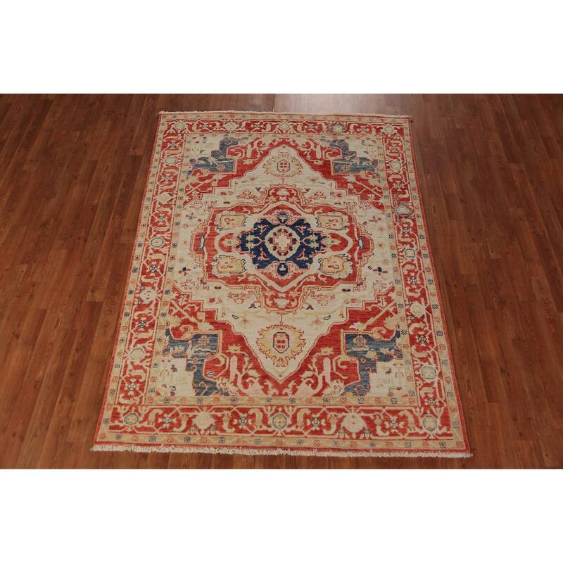 Vegetable Dye Heriz Serapi Oriental Rug Handmade Wool Carpet - 4'11"x 6'9"