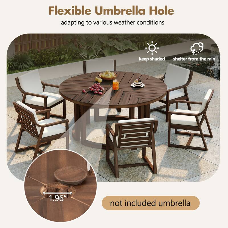 Round Patio Dining Table Set for 6 with Umbrella Hole Durable Acacia Wood Outdoor Furniture