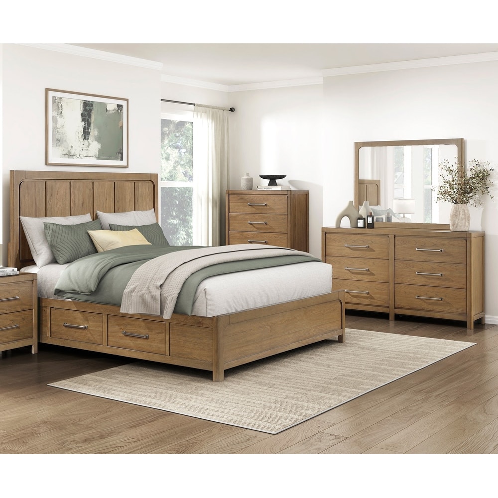 4pcs Bedroom Furniture Storage Bed Dresser Mirror Chest Set Brown Finish
