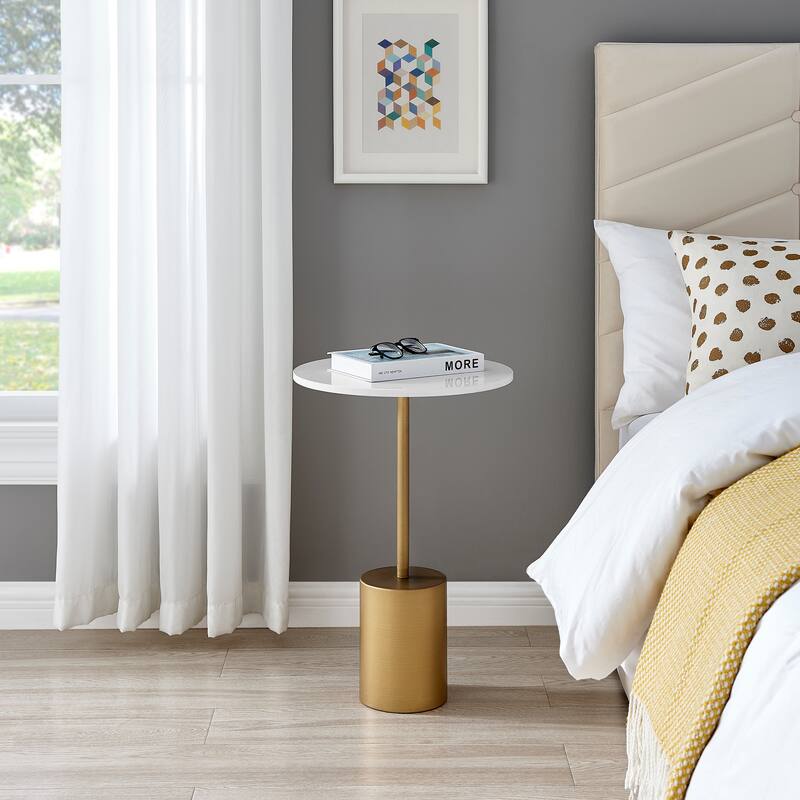 Danya B. Fritz Midcentury Modern Pedestal Side Accent Table with Gold Metal Base and Genuine White Marble Stone Tabletop