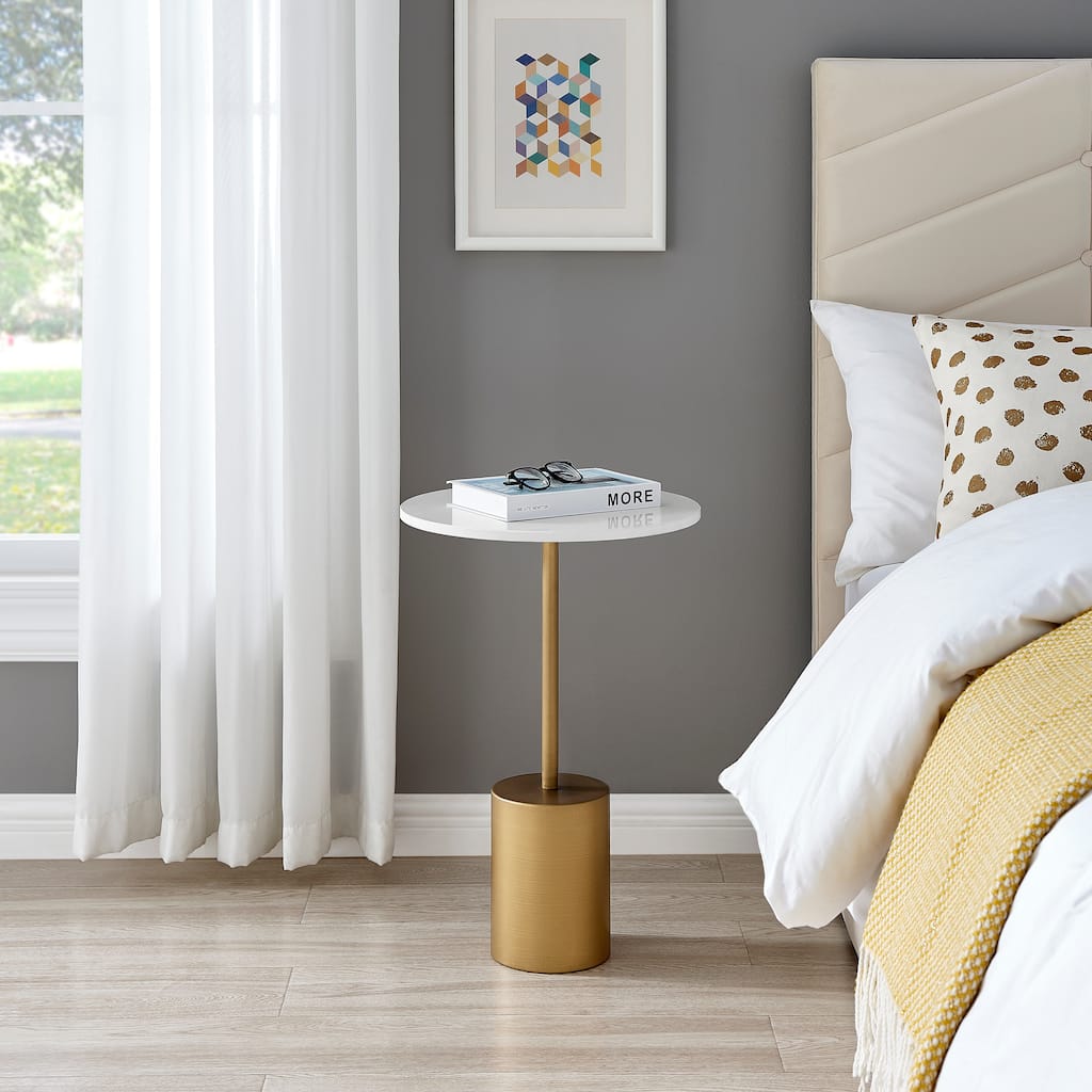 Danya B. Fritz Midcentury Modern Pedestal Side Accent Table with Gold Metal Base and Genuine White Marble Stone Tabletop