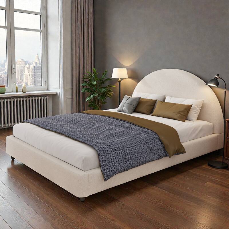 Twin/Queen/King Boucle Upholstered Bed Frame with Curved Half-Round Headboard, Platform Design, No Box Spring Needed