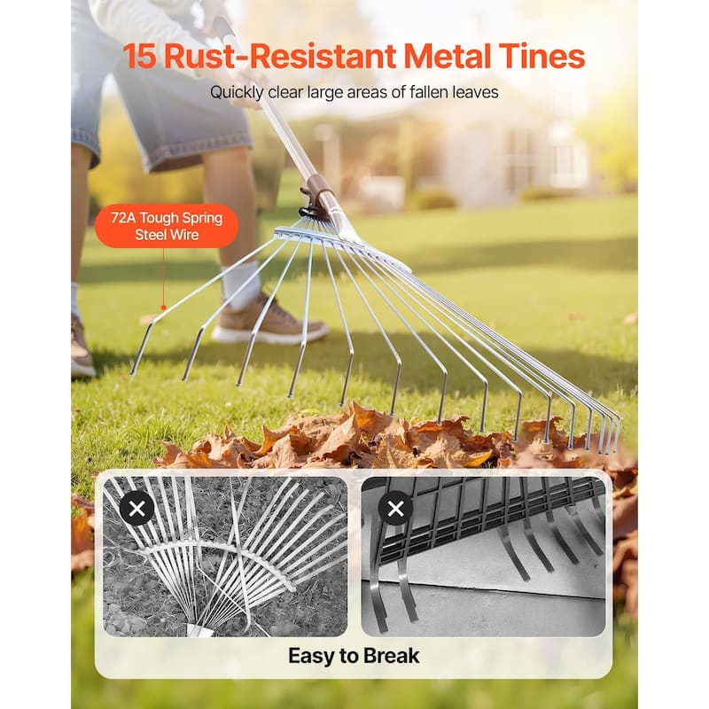 Stainless Steel Leaf Rake with 15 Metal Tines for Lawn - 62.99 x 22.44 x 2.17 in