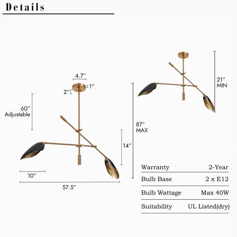 2-Light Unique Modern Linear Black Gold Chandelier Metal Island Lights for Dining Room - L 58" x W 4.4" x H 14"