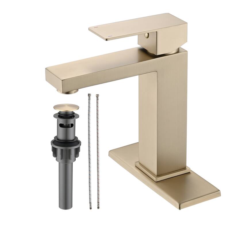 Modern Single Handle Bathroom Sink Faucet with Deck Plate and Drain Assembly, Fingerprint Resistant, Single Hole