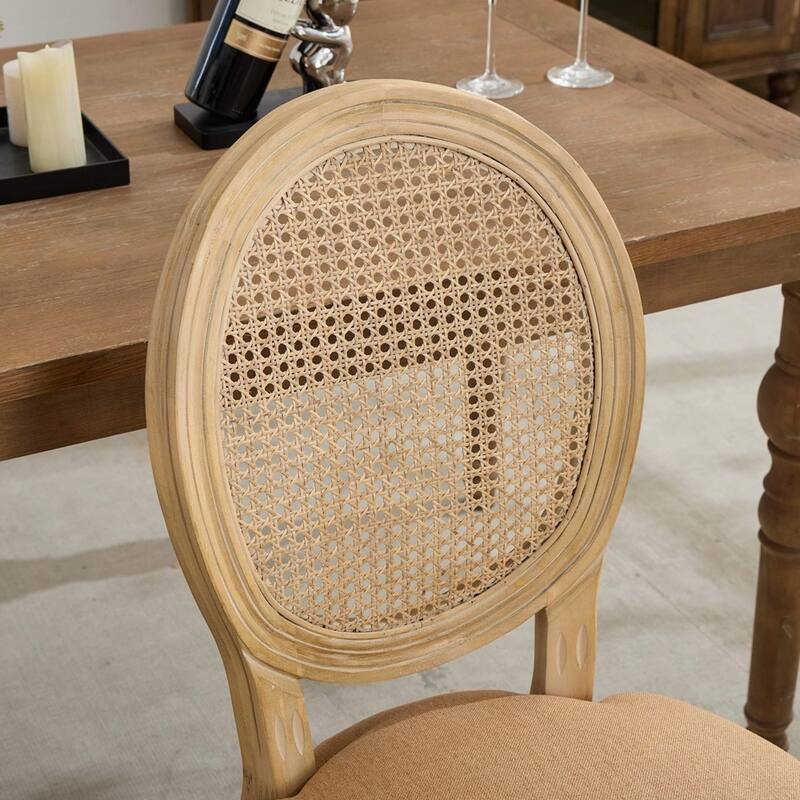 French Style Solid Wood Frame Antique Painting Linen Fabric Back Dining Chair