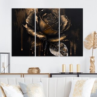 Designart "Black And Gold Rose III" Floral Rose Canvas Art Print - 3 ...