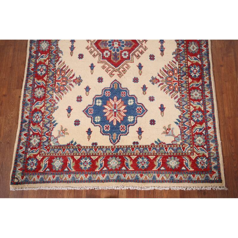 Ivory Geometric Kazak Accent Rug Handmade Wool Carpet - 3'4" x 4'10"