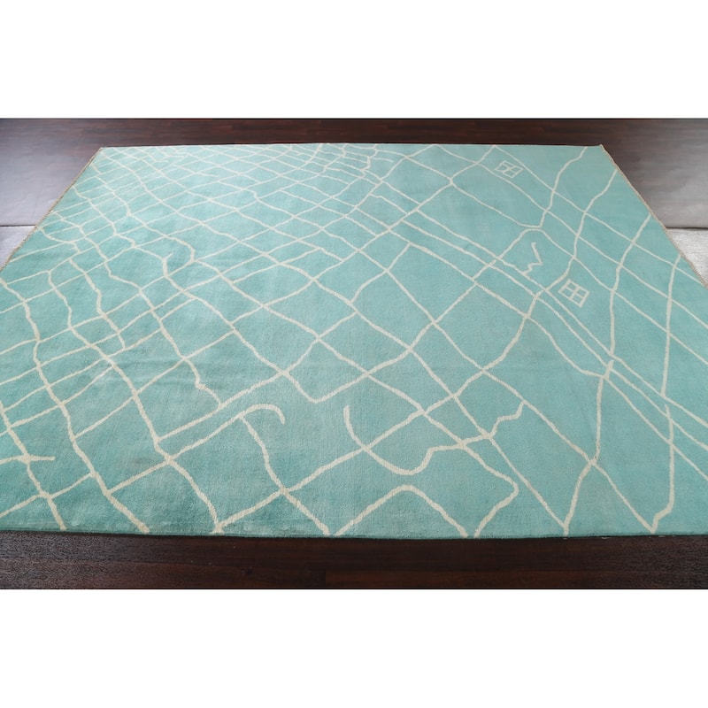 Modern Turquoise Moroccan Vegetable Dye Area Rug Handmade Wool Carpet - 7'9" x 9'10"