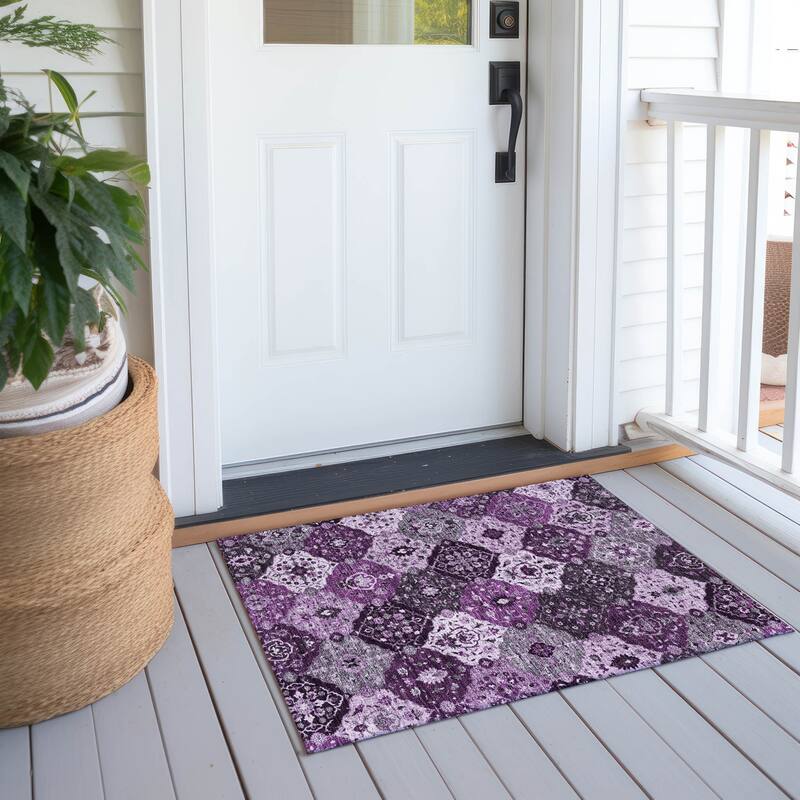 Machine Washable Indoor/ Outdoor Traditional Panel Chantille Rug - Purple - 1'8" x 2'6"