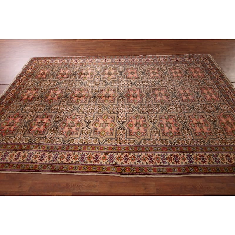Geometric Anatolian Turkish Vintage Rug Handmade Beige Wool Carpet - 6'7" X 9'10"