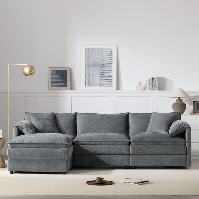 L-Shaped Modular Sectional Sofa with Ottoman, Oversized Chenille Upholstered Cloud Couch, 4-Seater Sofa with Double Cushions