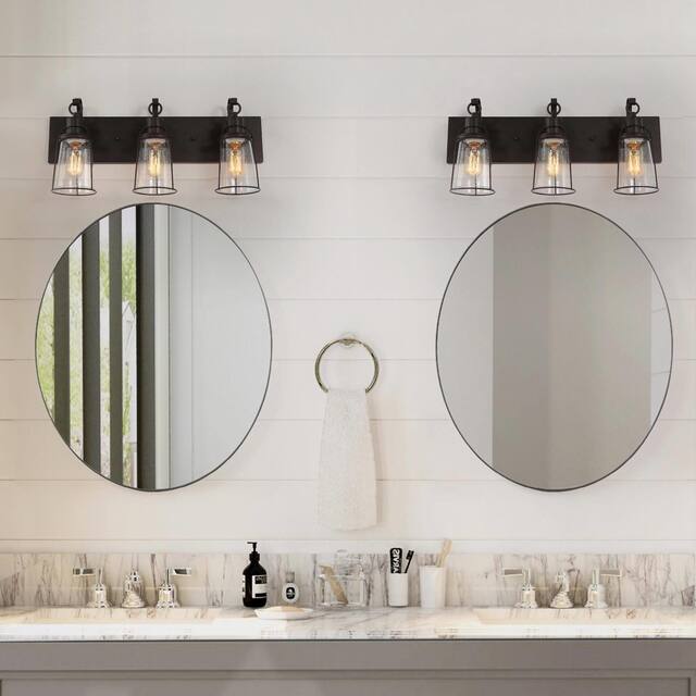 Farmhouse 3-Light Bronze Bathroom Vanity Lights Metal Cage Wall Sconces with Seeded Glass - 22" L x 6" W x 10" H